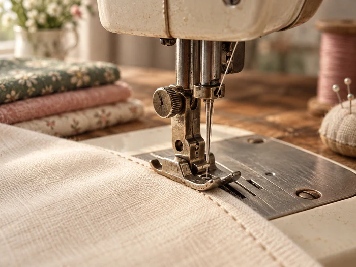 Cream fabric being carefully stitched