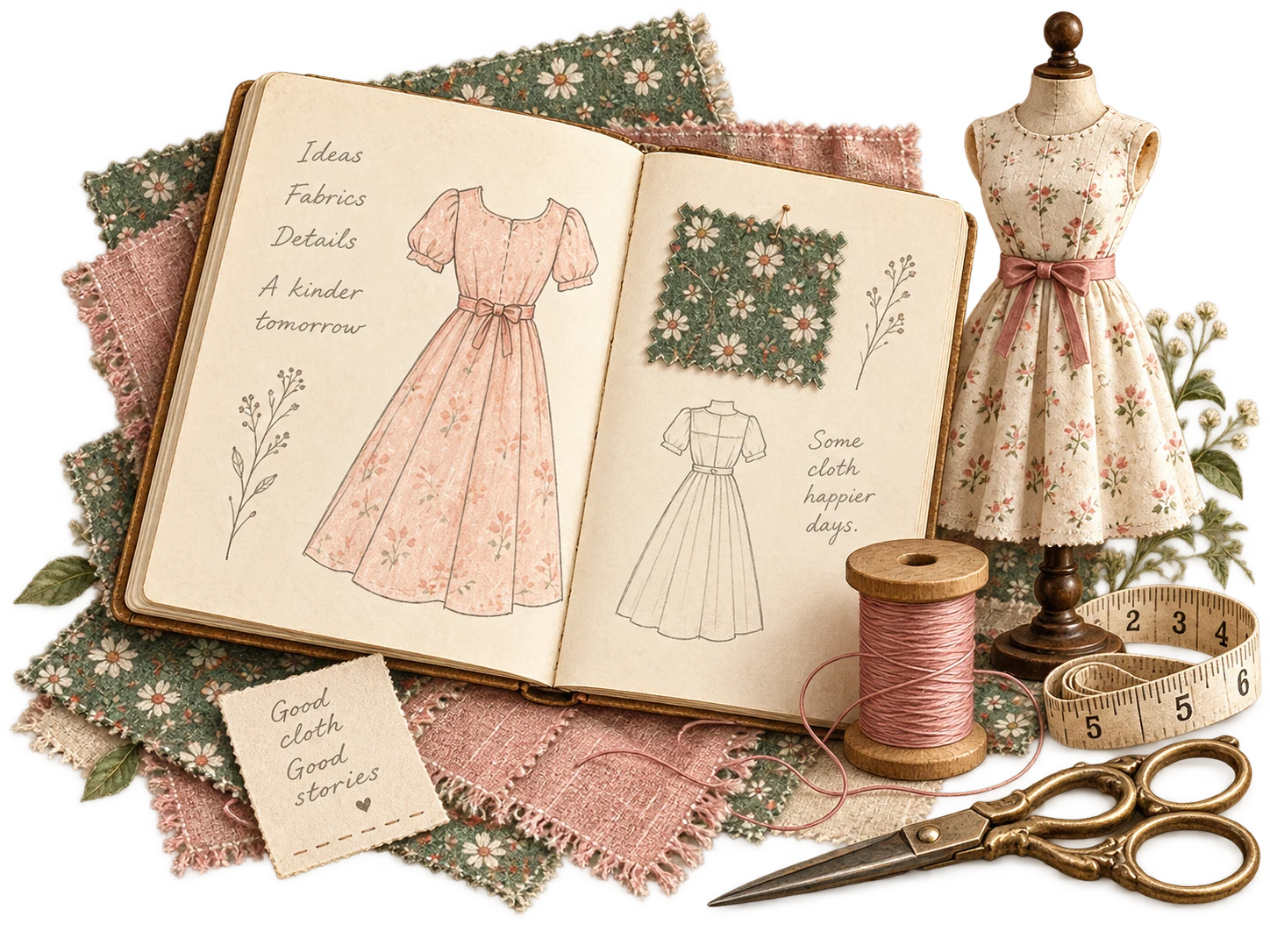 An open dressmaking journal with floral fabric, a miniature dress mannequin, thread and sewing scissors